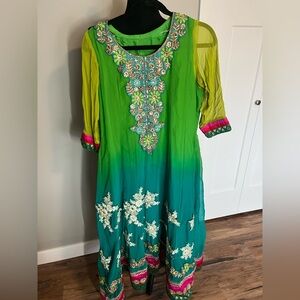 Pakistani Mehndi Kaftan Indian Dress Embroidered Green Blue Ombré Beaded Dress